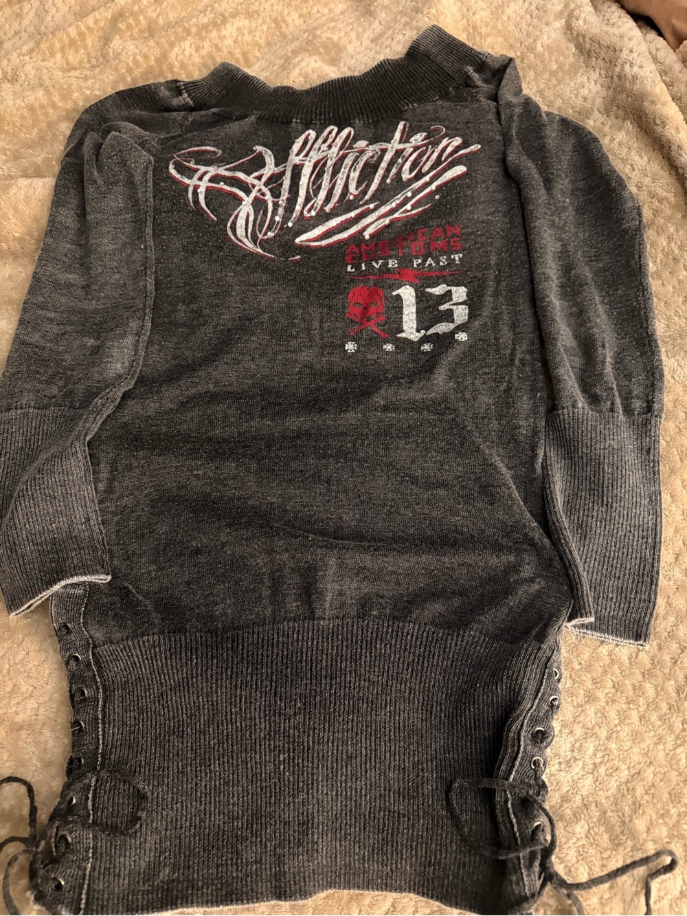 Affliction Charcoal Gray Lace-Up Knit Baby T Sweater/mini Dress with Red Graphic